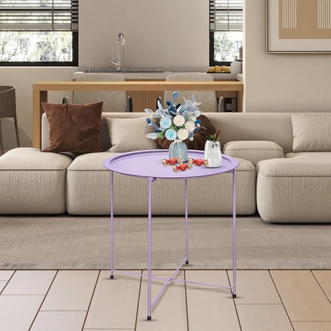 VILAWLENCE Metal End Table Side Table Round Folding Tray, Sofa Small Accent Fold-able Side Table Tray,Outdoor Side Sofa Table, Snack Table for Living Room and Bed Room 18.5 in (Purple)