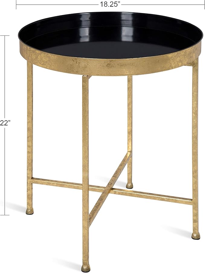 Kate and Laurel Celia Metal Foldable Round Accent Table, 18.25" x 18.25" x 22", Black Surface and Gold Frame, Modern Minimalist Design and Detachable Magnetic Tabletop
