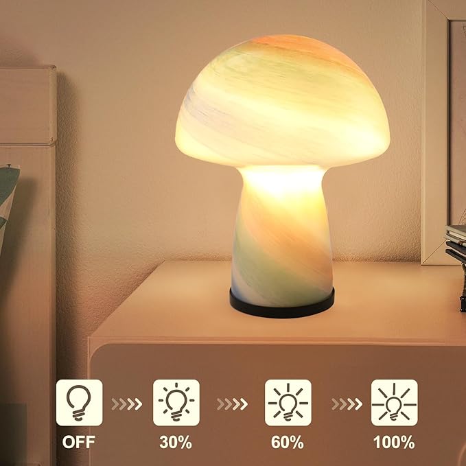 Dimmable Mushroom lamp,Glass Mushroom Bedside Table Lamp Translucent Vintage Style Small Nightstand Desklamp Light for Home Decor, Dining, Living, Bedroom, Gift.（Rainbow Color）