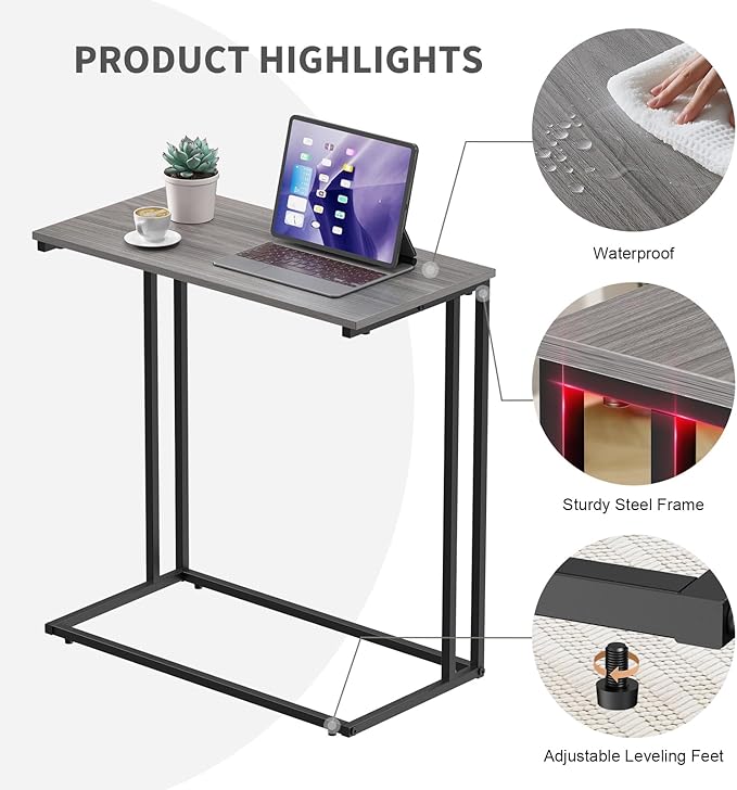 C-Shaped Side Table, Modern End Table with Metal Frame, Space Saving Design for Living Room，Large Surface Couch Table for Bedroom, and Home Office，24 x 12 x 24 inches (Grey)