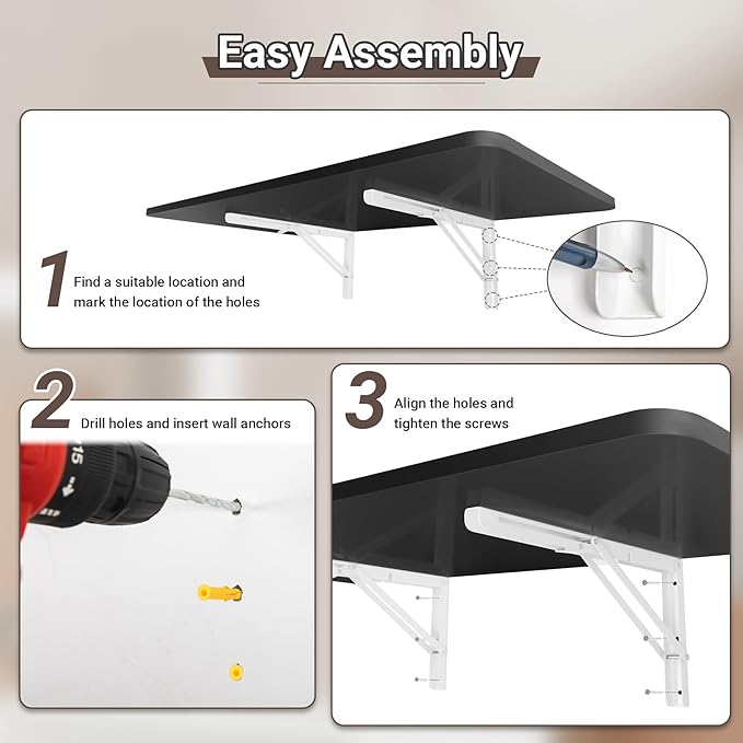 Wall Mounted Folding Table 47.2”L x 19.7”W, Laundry Folding Table with Heavy Duty Metal Collapsible Shelf Brackets, Wall Mounted Desk Fold Down for Small Spaces, Black