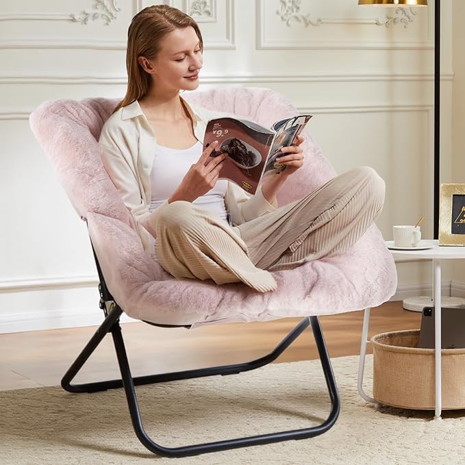 DUMOS Comfy Chair for Adults, Soft Faux Fur Folding Lounge for Bedroom Living Room Dorm Rooms Flexible Reading Chair for Teens, Large Size Foldable (Square-Blush)