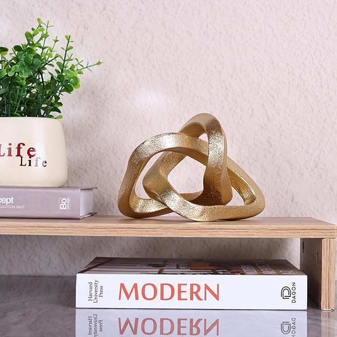 Infinity Knot Sculpture Gold Knot Decor Object, Abstract Knick Knacks Coffee Table Modern Statue, Gold Sculpture for Home Living Room Table Ornaments and TV Stand Bookshelf Decorative