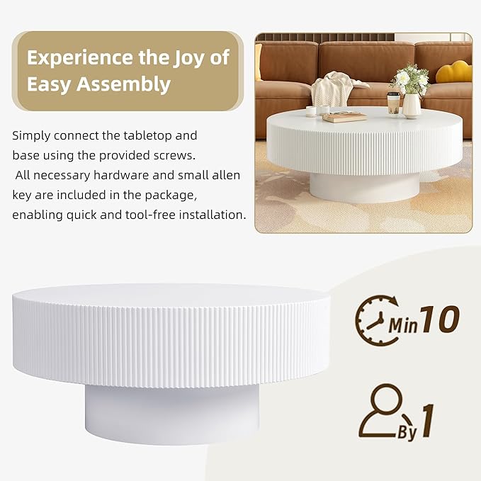 31.5" Round Coffee Table Modern Wooden Coffee Tables for Living Room White Circle Drum Coffee Table with Sturdy Pedesta Circular Fluted Center Table for Apartment Living Room