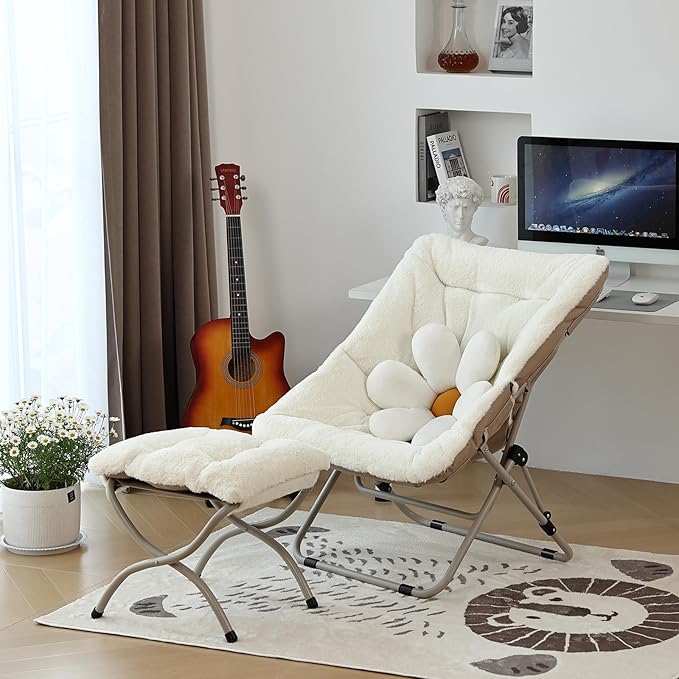 Living Room Chair, Soft Faux Fur Folded Chair Oversized Folding Accent Chair, Furry Lounge Lazy Chair, Metal Frame Moon Chair for Bedroom, Living Room