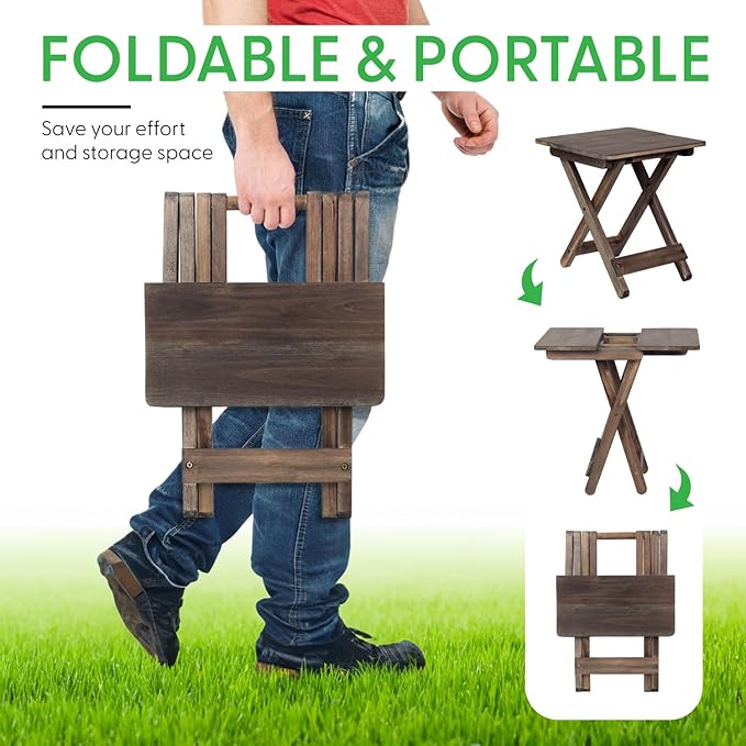 Small Patio Table, Folding Side Table, Accent Table, Wooden Top for Living Room, Bedroom (Square - Walnut - Set 2)