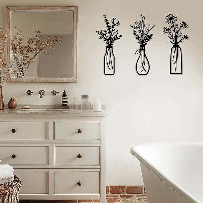 zituzitp 3 Pieces Metal Flower Wall Decor, Wall Art for Bathroom Living Room Kitchen Bedroom Dining Room Rustic Farmhouse Boho Wall Decor Houseworming Gift