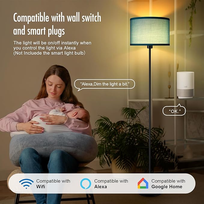 Black Floor Lamp Standing Lamp, 58" Tall LED Floor Lamp, Simple Living Room Lamps with Lampshade, Foot Pedal Switch, Small Tall Lamp for Bedroom/Dining Room/Boys' Room/Girls' Room, Green(Without Bulb)