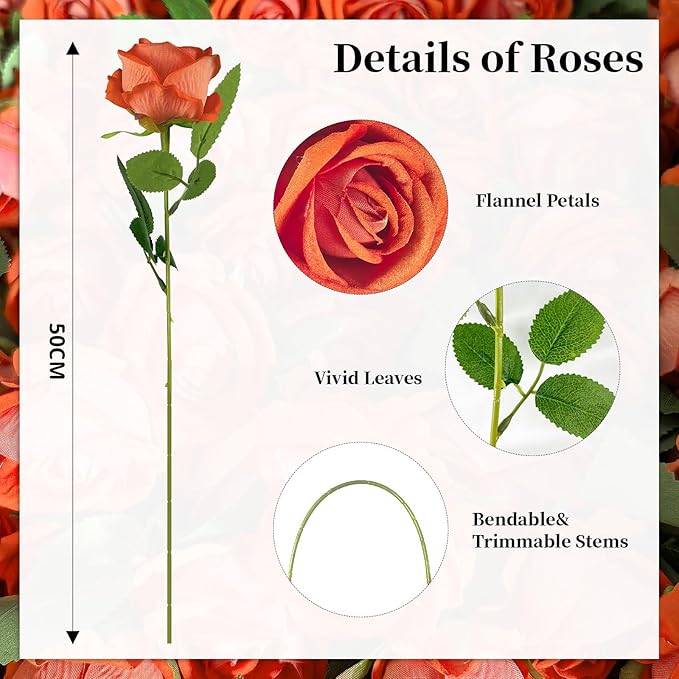 10 PCS Artificial Roses with Long Stems Silk Flowers Realistic Foam Flowers Fake Roses for Valentine's Day Autumn Fall Decor Halloween(Orange)