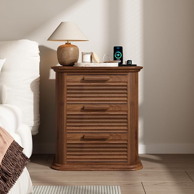 22'' Fluted Nightstand with Charging Station, Modern End Table with 3 Drawers and Storage, Wood Night Stand with Round Corner, Side Table Dresser for Bedroom, Living Room, Curved Profile,Walnut