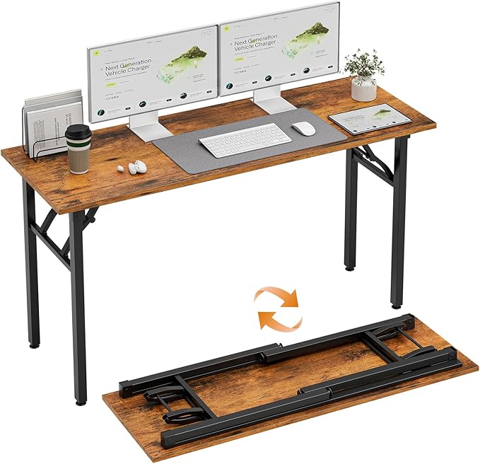TEMI Long Computer Desk Folding Table - 55.1" Foldable Office Desk, No Assembly, Perfect Writing Table for Bedroom, Dorm, or Apartment, Portable Large Desk or Study Table with Compact Design, Brown
