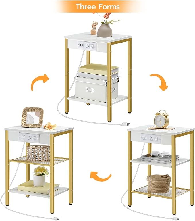 HOOBRO End Tables Set of 2 with Charging Station and USB Ports, 3-Tier Nightstands with Adjustable Shelves, Small Side Tables for Small Space in Living Room, Bedroom, White and Gold DW112BZP201G1