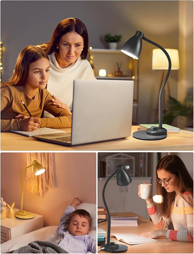 BOHON LED Desk Lamp with USB Charging Port 3 Color Modes Dimmable Reading Light Intelligent Induction Auto Dimming Task Lamp Flexible Gooseneck Table Lamp for Bedside Office, AC Adapter Include