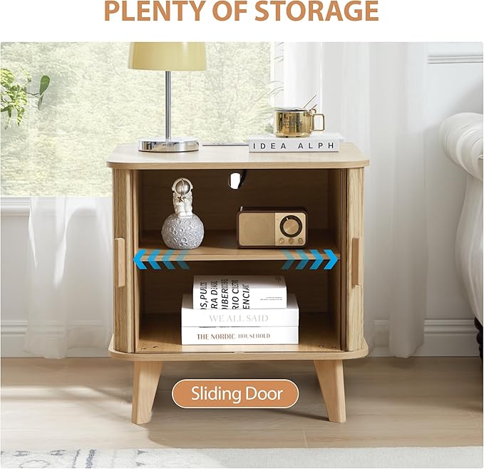 Farmhouse Square End Table with Charging Station, 24" Large Fluted Sofa Side Table with Sliding Tambour Door and Storage, Rustic Curved Wood Nightstand for Living Room, Bedroom, Natural