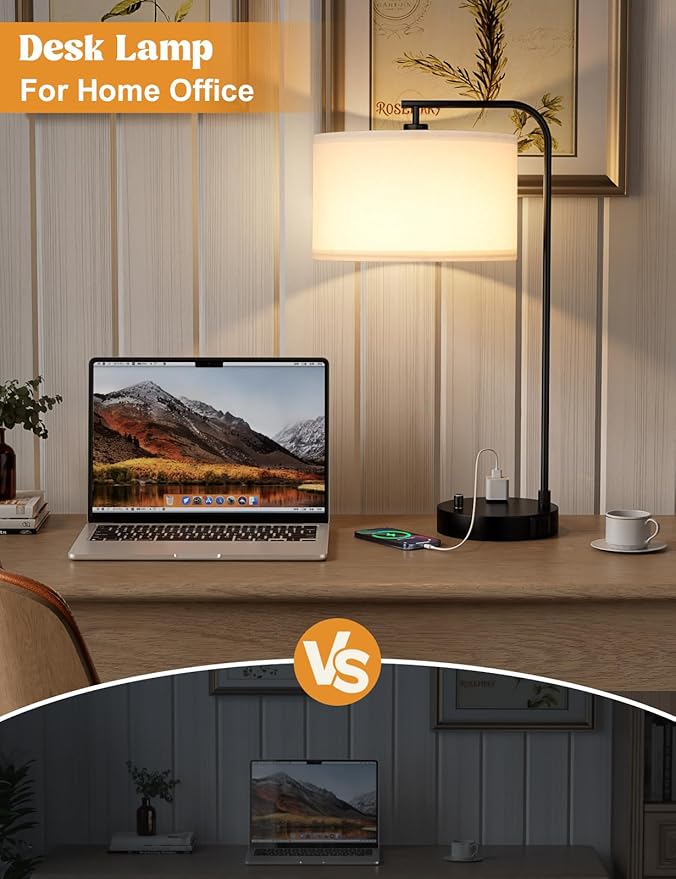 White Side Table Lamp with USB Port and Outlet, Dimmable Nightstand Bedside Lamps with Linen Lampshade, Desk Lamp for Bedroom, Living Room, Guest Room, Home Office, LED Bulb Included