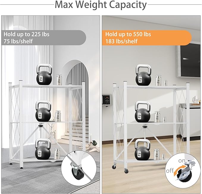 3 Tier Foldable Storage Shelf with Wheels, Heavy Duty Garage Shelving Unit Loads 550 LBS, Metal Steel Collapsible Shelves, Rolling Standing Utility Rack for Kitchen, Pantry, Office, White