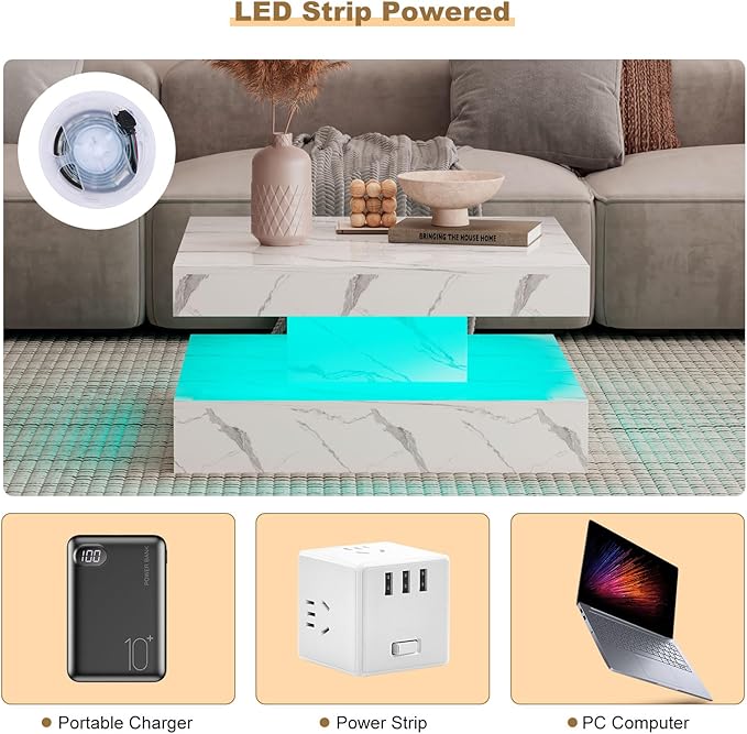White Marble LED Coffee Table for Living Room, Living Room Table 2-Tier Square Middle Center Table, Modern Coffee Tables with Storage, Contemporary Wood Tea Tables for Dining Reception
