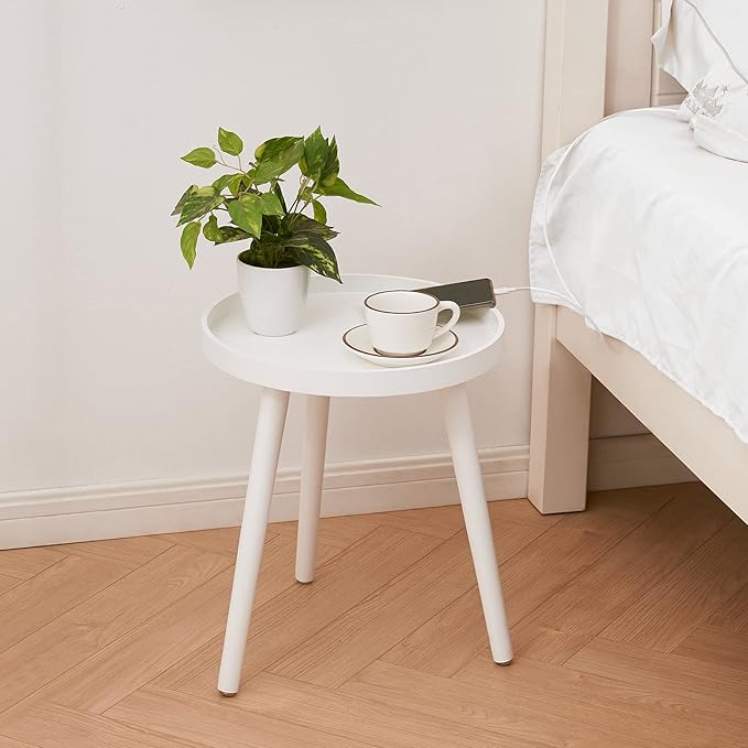Apicizon Round White Side Table, Tray Nightstand Coffee End Table for Living Room, Bedroom, Small Spaces, Easy Assembly Bedside Table, 15 x 18 Inches
