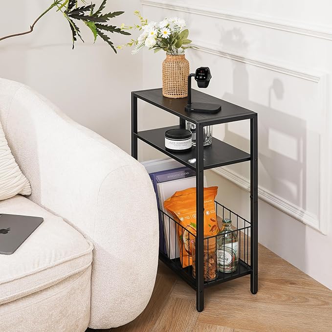 Yoobure Narrow Side Table with Storage Basket, Small End Table for Small Spaces, Skinny Side Tables Living Room Bedroom Office, Slim Nightstand 3 Tier Bedside Table Space-Saving for Magazine, Black