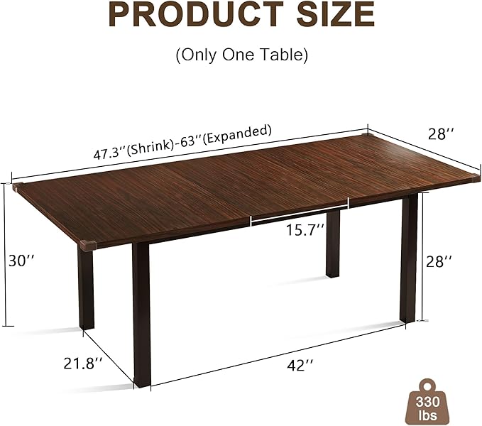 Modern Extendable Dining Table for 4-6, 63" Farmhouse Kitchen Table, Rectangular Dining Room Tables for Dining, Kitchen, Office, Living Room, Wooden Tables, Space Saving (Espresso)