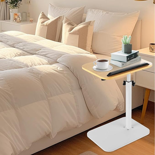 Sofa Armrest Tray Table for Couch, TV Tray Table 360° Swivel Height Adjustable End for Small Spaces, C Shaped End Table for Couch, Living Room, Bedroomor with Phone & Tablet Slot(White)