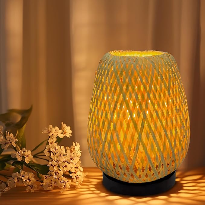 Boho Woven Nightstand Table Lamp - Rattan 3 Color Temperature Handmade Rattan Bamboo Lamp for Bedroom, Living Room