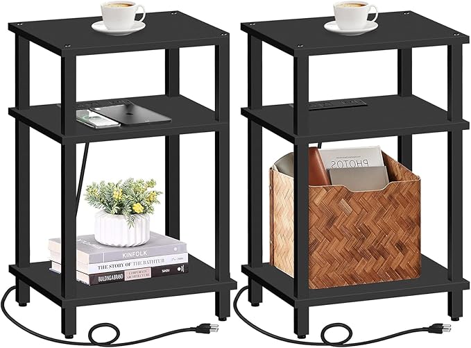 TUTOTAK Set of 2 End Table with Charging Station, Side Table with USB Ports and Outlets, Nightstand, 3-Tier Storage Shelf, Sofa Table for Small Space TB01BK0422