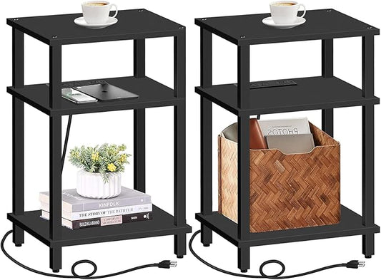 TUTOTAK Set of 2 End Table with Charging Station, Side Table with USB Ports and Outlets, Nightstand, 3-Tier Storage Shelf, Sofa Table for Small Space TB01BK0422