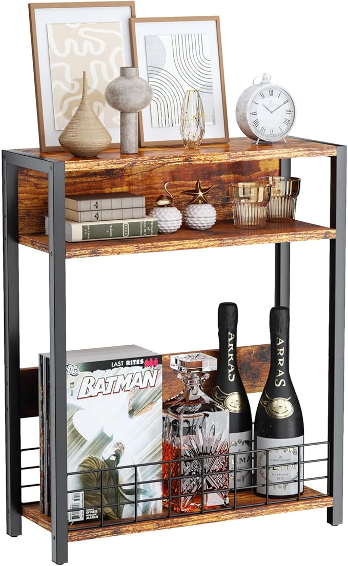 IBUYKE Narrow Side Table with Storage Shelf, 3 Tier End Table,Modern Sofa Table,Small Nightstand with Magazine Rack,Telephone Table for Small Spaces,for Living Room, Bedroom,Brown UTMZ001H