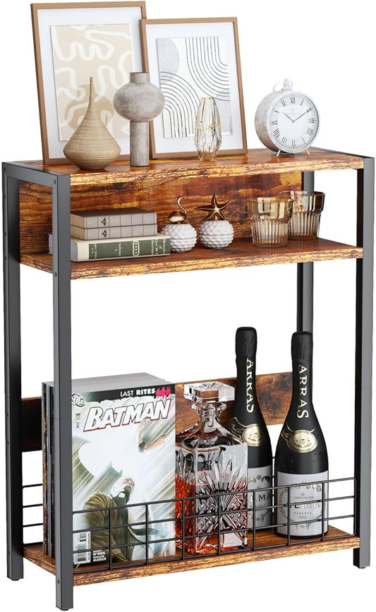 IBUYKE Narrow Side Table with Storage Shelf, 3 Tier End Table,Modern Sofa Table,Small Nightstand with Magazine Rack,Telephone Table for Small Spaces,for Living Room, Bedroom,Brown UTMZ001H