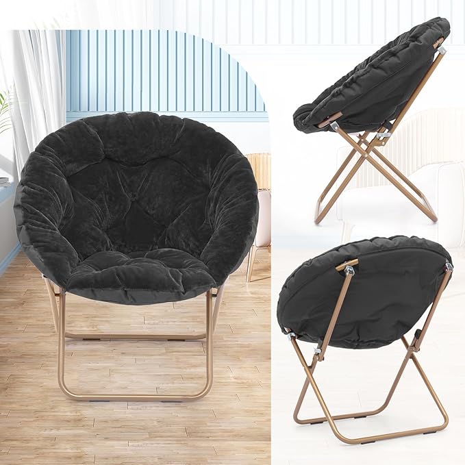 Athena Collection Comfy Saucer Chair Folding Cozy Chair for Bed Room Living Room Accent Chair Faux Fur Reading Chair Foldable Metal Frame Lazy Chair Moon Chair for Adult, Black