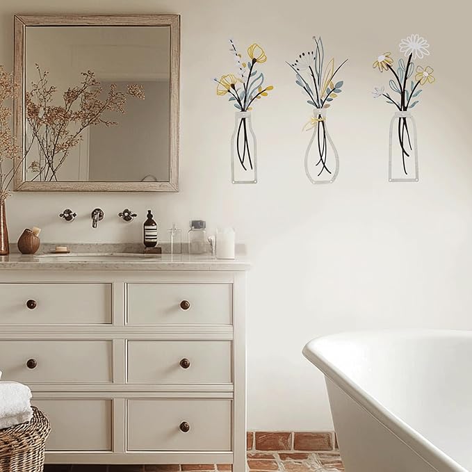 zituzitp 3 Pieces Metal Flower Wall Decor, Wall Art for Bathroom Living Room Kitchen Bedroom Dining Room Rustic Farmhouse Boho Wall Decor Houseworming Gift