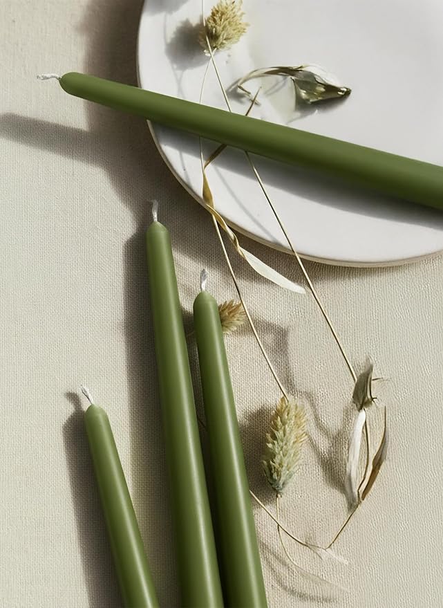 12pk 10" Classic Taper Candles, Moss Green, 7-8 Hours Long Burning, Unscented Tall Candlesticks