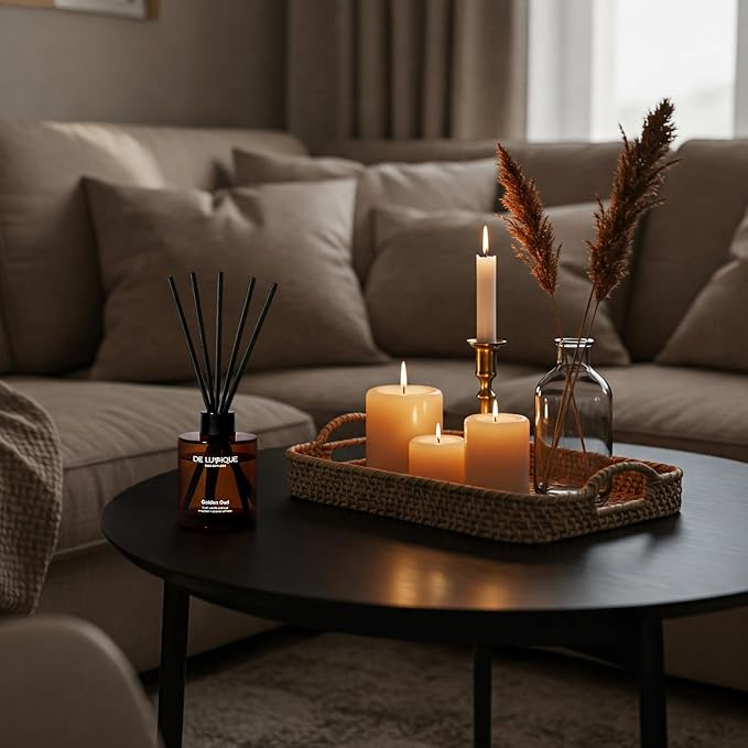 Golden Oud Reed Diffuser – Room Scent Diffuser with Almond, Vanilla, Oud & Damask Rose – Long Lasting Home Fragrance Diffuser – Aromatherapy for Every Room – 150ml