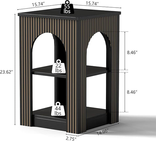 End Table with 3-Tier Storage, Mid-Century Modern Side Table with Arched Carving Lines, Square Fluted Nightstand Accent Table for Living Room, Bedroom, or Office (1, Black)