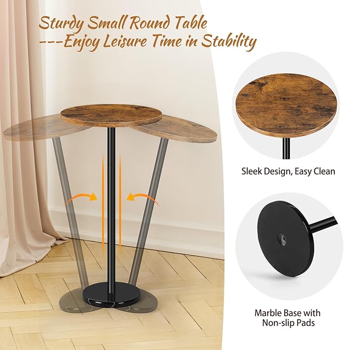 smusei Drink Table Small Side Table with Marble Base Pedestal Side Table Drink Tables for Small Spaces Round End Table Mini Side Table for Sofa Couch Chair Patio, Brown and Black