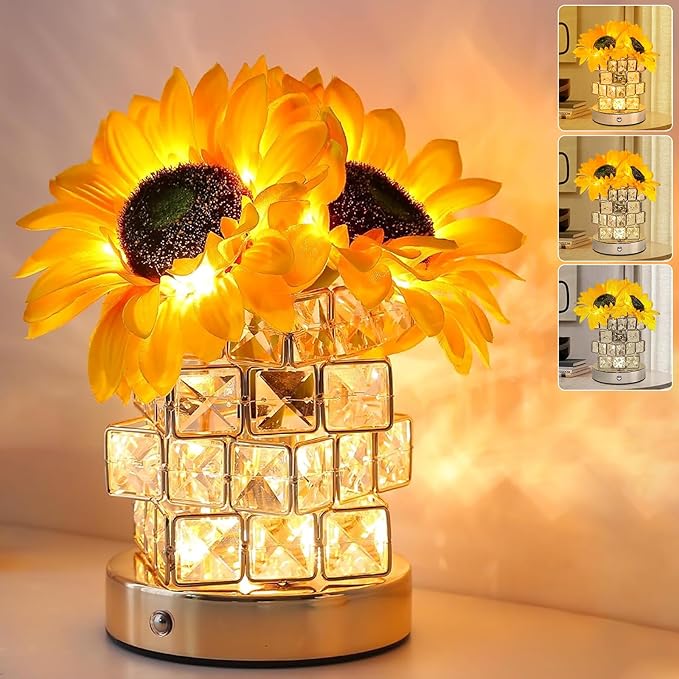 Sunflower Crystal Table Lamp, Touch Dimming Night Light, USB Rechargeable Bedside Lamp LED Artificial Flowers Lamp, Desk Lamp Aesthetic for Bedroom Home Decor