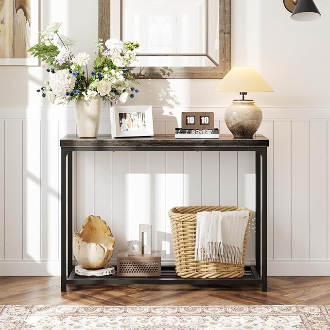 Console Table, Entryway Table, Sofa Table with Mesh Shelves, Console Tables for Living Room, Bedroom, Hallway, Entryway, Foyer (2 Tier, Oak Grey, 32 inch)
