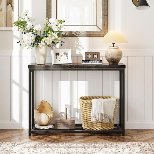 Console Table, Entryway Table, Sofa Table with Mesh Shelves, Console Tables for Living Room, Bedroom, Hallway, Entryway, Foyer (2 Tier, Oak Grey, 32 inch)