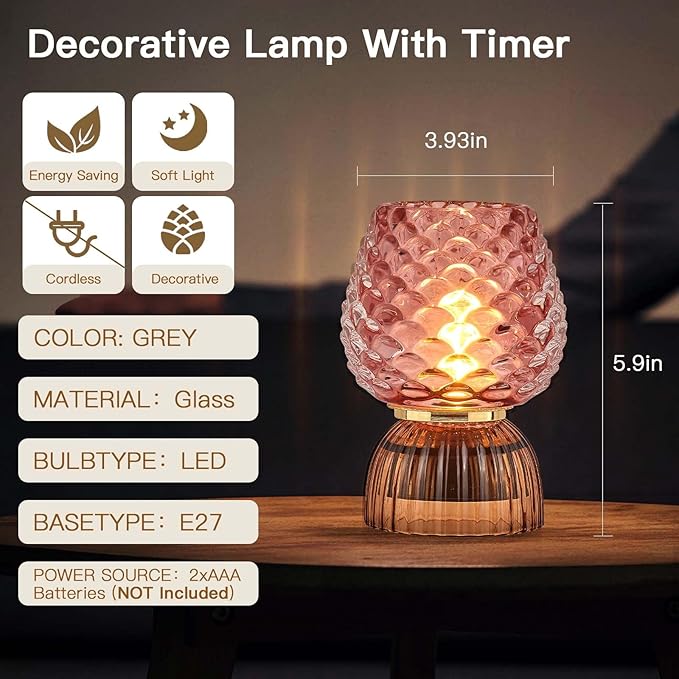 Battery Operated Lamp with Timer, Cute Small Cordless Glass Table Lamp for Home Decor, Kitchen, Bathroom, Birthday Gift for Women, Pinecone, Pink