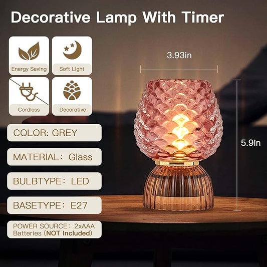 Battery Operated Lamp with Timer, Cute Small Cordless Glass Table Lamp for Home Decor, Kitchen, Bathroom, Birthday Gift for Women, Pinecone, Pink