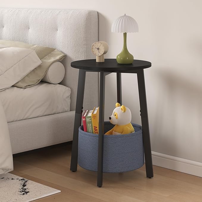 Small Round Side End Table with Cloth Storage Basket, Round Bedside Sofa Couch Coffee Tables for Small Places with Metal Frame, Modern Nighstands for Living Room Bedroom, Black