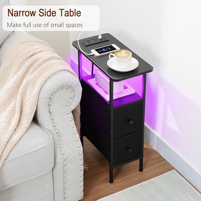Narrow Nightstand with Charging Station, End Tables Living Room Set of 2, Skinny Side Table with Fabric Drawers, Small Sofa Table with LED Light for Bedroom, Black, HETNDP02LBK