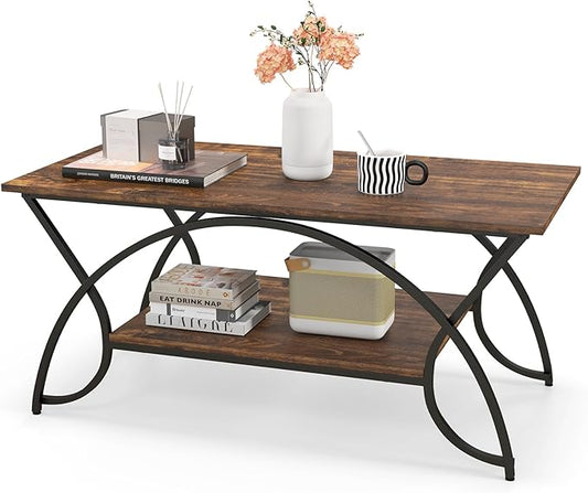 Giantex 2-Tier Rectangular Coffee Table, Wood Grain Table with Open Storage Shelf, Black Finished Metal Frame, Industrial Center Table for Living Room, Reception Room (Coffee)