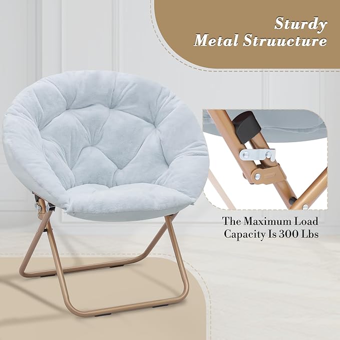 Athena Collection Saucer Chair with Ottoman Comfy Chair for Bed Room Living Room Folding Round Cozy Chair Faux Fur Metal Frame Foldable Lazy Chair Accent Chair Reading Chair, Blue