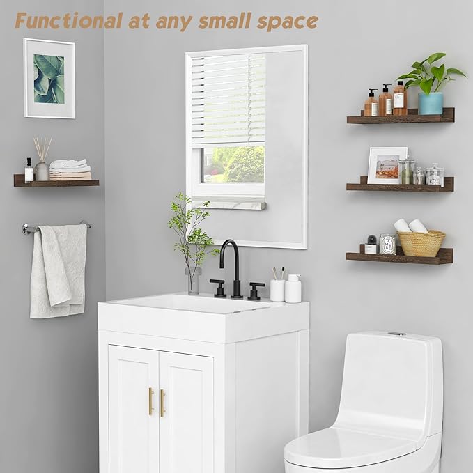 Forbena Wooden Floating Shelves with Lip for Wall, Dark Brown Picture Ledge Shelf for Books Photo Framses, Rustic Farmhouse Hanging Wall Shelves for Bedroom Office Kitchen (Set of 4, Solid Wood)