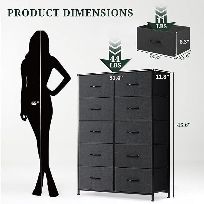 10-Drawer Dresser for Bedroom, Anti-Tip Tall Storage Organizer Chest of Drawers with Wooden Top and Metal Frame Fabric Bins for Closet, Living Room, Hallway, Entryway, Black