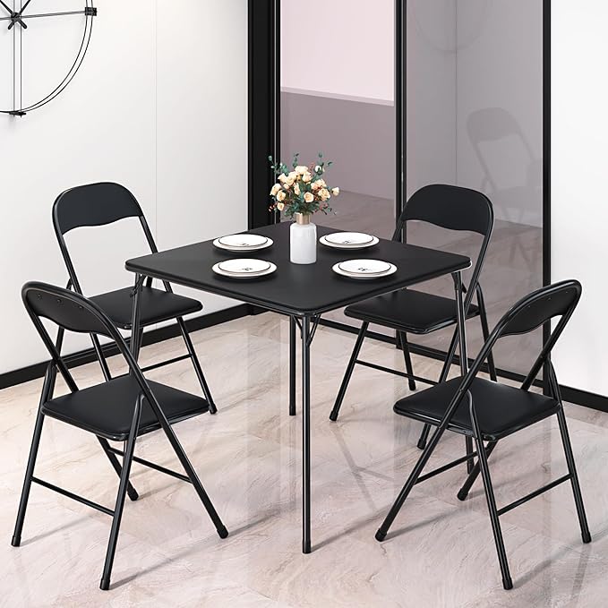 VECELO Folding Card Table and Chair Set of 5 Foldable with Padded Upholstery Tabletop, Metal, Black