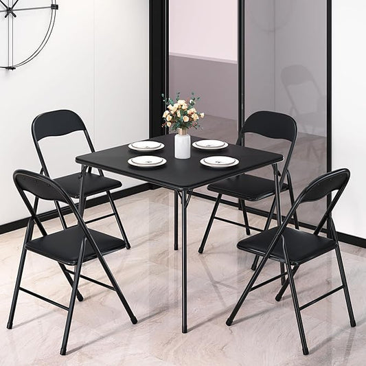 VECELO Folding Card Table and Chair Set of 5 Foldable with Padded Upholstery Tabletop, Metal, Black