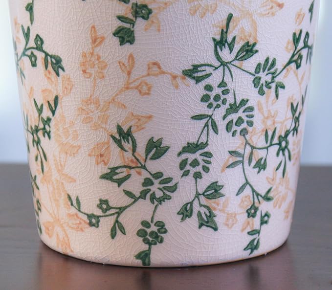 11.5" Hand-Painted Ceramic Large Vase – Green Botanicals & Yellow Florals, Crackle Glaze & Antique Patina Rim, Chinese-Inspired Artistry